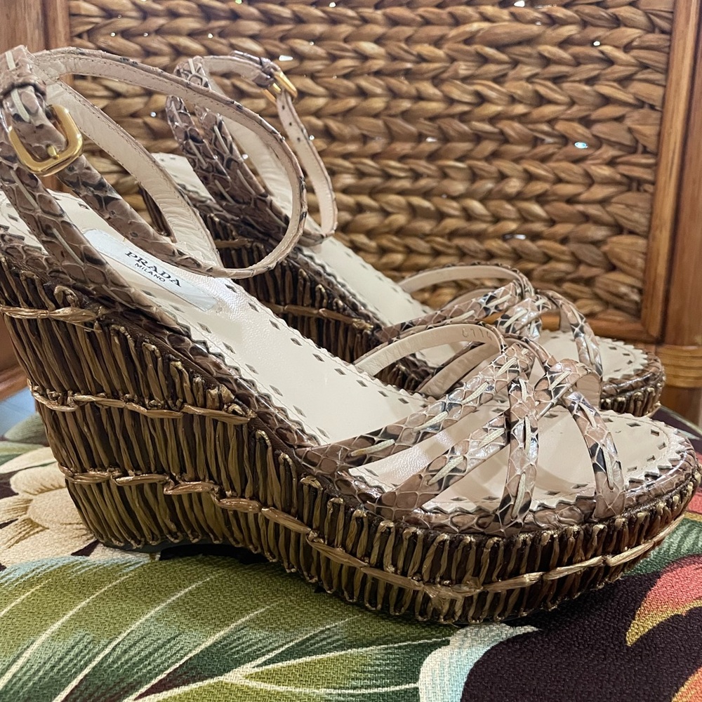 Prada Woven wicker platform wedge with python straps size 37 nwot